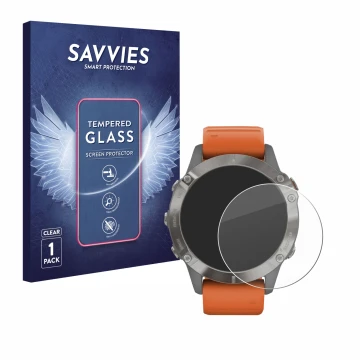 Vorderseite einer Produktverpackung mit dem Markenlogo Savvies. Daneben ist das Gerät Garmin Fenix 6 Pro Solar mit dem zugehör