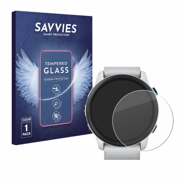Vorderseite einer Produktverpackung mit dem Markenlogo Savvies. Daneben ist das Gerät Garmin Forerunner 745 mit dem zugehörige