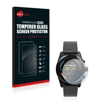 Vorderseite einer Produktverpackung mit dem Markenlogo Savvies. Daneben ist das Gerät Montblanc Summit Lite mit dem zugehörige