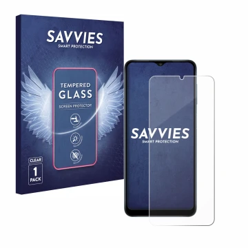 Vorderseite einer Produktverpackung mit dem Markenlogo Savvies. Daneben ist das Gerät Samsung Galaxy A12 mit dem zugehörigen D