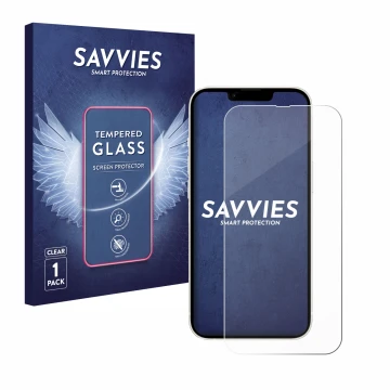 Vorderseite einer Produktverpackung mit dem Markenlogo Savvies. Daneben ist das Gerät Apple iPhone 13 mit dem zugehörigen Disp