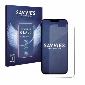 Vorderseite einer Produktverpackung mit dem Markenlogo Savvies. Daneben ist das Gerät Apple iPhone 13 Pro Max mit dem zugehöri