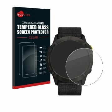 Vorderseite einer Produktverpackung mit dem Markenlogo Savvies. Daneben ist das Gerät Garmin Enduro mit dem zugehörigen Displa