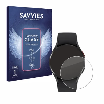Vorderseite einer Produktverpackung mit dem Markenlogo Savvies. Daneben ist das Gerät Samsung Galaxy Watch 4 (40mm) mit dem zu
