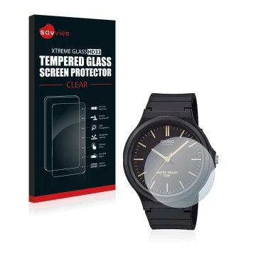 Vorderseite einer Produktverpackung mit dem Markenlogo Savvies. Daneben ist das Gerät Casio Unisex MW-240 mit dem zugehörigen 