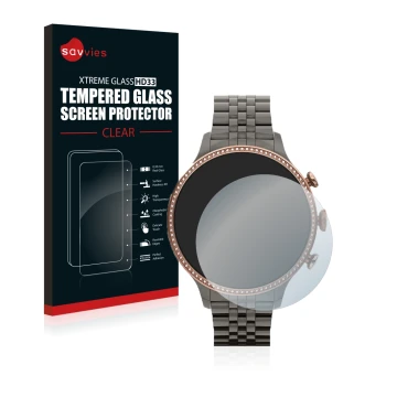 Vorderseite einer Produktverpackung mit dem Markenlogo Savvies. Daneben ist das Gerät Fossil Gen 6 (42mm) mit dem zugehörigen 