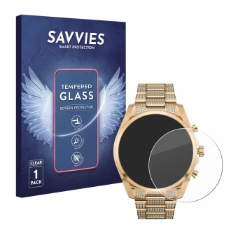 Vorderseite einer Produktverpackung mit dem Markenlogo Savvies. Daneben ist das Gerät Michael Kors Access Gen 6 Bradshaw mit d