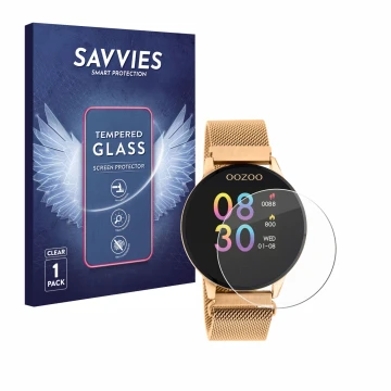 Vorderseite einer Produktverpackung mit dem Markenlogo Savvies. Daneben ist das Gerät Oozoo Q00117 mit dem zugehörigen Display