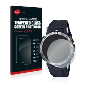 Vorderseite einer Produktverpackung mit dem Markenlogo Savvies. Daneben ist das Gerät Casio Pro Trek PRW-30-1AER mit dem zugeh