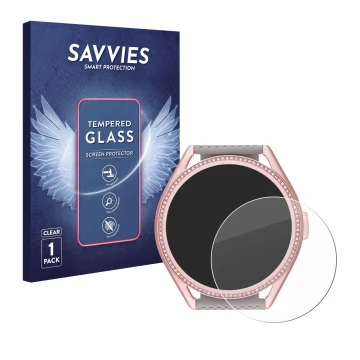 Vorderseite einer Produktverpackung mit dem Markenlogo Savvies. Daneben ist das Gerät Michael Kors Access MKGO Gen 5E MKT 5117
