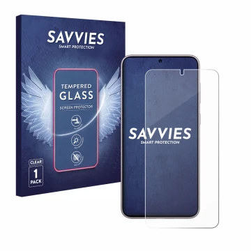 Vorderseite einer Produktverpackung mit dem Markenlogo Savvies. Daneben ist das Gerät Samsung Galaxy S23 Plus mit dem zugehöri