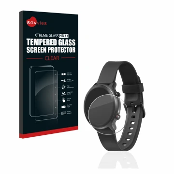 Vorderseite einer Produktverpackung mit dem Markenlogo Savvies. Daneben ist das Gerät Doro Watch mit dem zugehörigen Displaysc