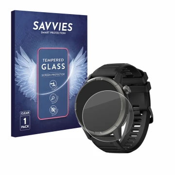 Vorderseite einer Produktverpackung mit dem Markenlogo Savvies. Daneben ist das Gerät Kiprun GPS 900 by Coros mit dem zugehöri