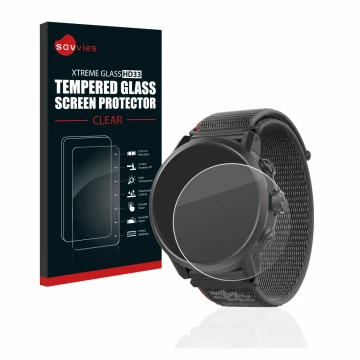 Vorderseite einer Produktverpackung mit dem Markenlogo Savvies. Daneben ist das Gerät Coros Apex 2 mit dem zugehörigen Display