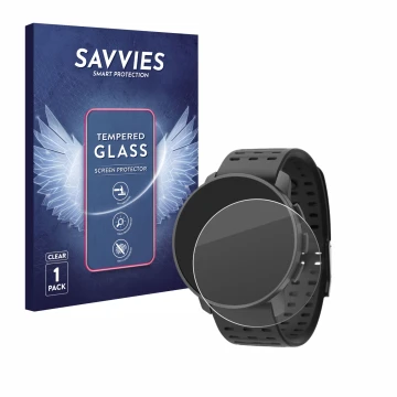 Vorderseite einer Produktverpackung mit dem Markenlogo Savvies. Daneben ist das Gerät Suunto 9 Peak Pro mit dem zugehörigen Di