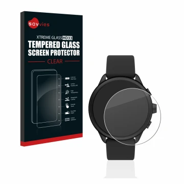Vorderseite einer Produktverpackung mit dem Markenlogo Savvies. Daneben ist das Gerät Fossil Smartwatch Wellness (Gen 6) Hybri