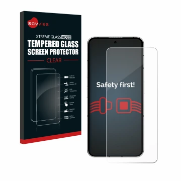 Vorderseite einer Produktverpackung mit dem Markenlogo Savvies. Daneben ist das Gerät Nothing Phone (2) mit dem zugehörigen Di