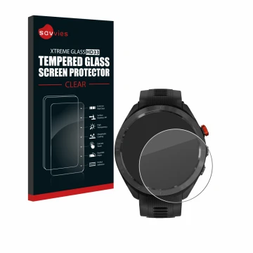 Vorderseite einer Produktverpackung mit dem Markenlogo Savvies. Daneben ist das Gerät Garmin Approach S70 (47 mm) mit dem zuge