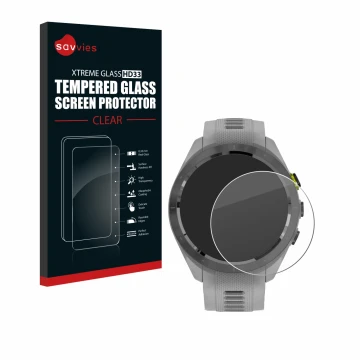 Vorderseite einer Produktverpackung mit dem Markenlogo Savvies. Daneben ist das Gerät Garmin Approach S70 (42 mm) mit dem zuge