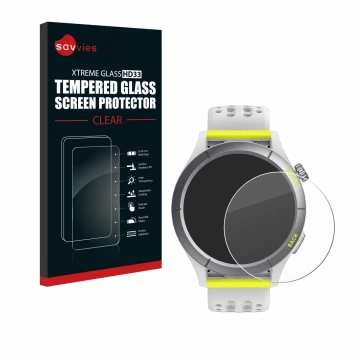 Vorderseite einer Produktverpackung mit dem Markenlogo Savvies. Daneben ist das Gerät Huami Amazfit Cheetah mit dem zugehörige