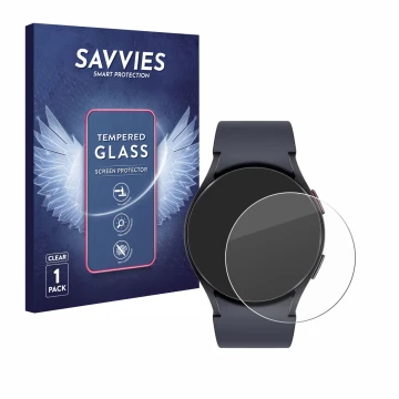 Vorderseite einer Produktverpackung mit dem Markenlogo Savvies. Daneben ist das Gerät Samsung Galaxy Watch 6 (44 mm) mit dem z