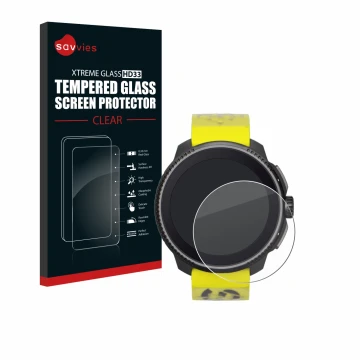 Vorderseite einer Produktverpackung mit dem Markenlogo Savvies. Daneben ist das Gerät Suunto Race mit dem zugehörigen Displays