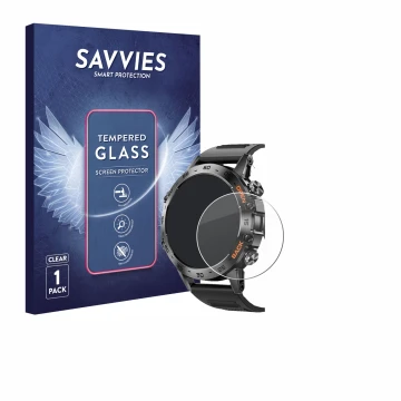 Vorderseite einer Produktverpackung mit dem Markenlogo Savvies. Daneben ist das Gerät Lemfo Smartwatch 1.39