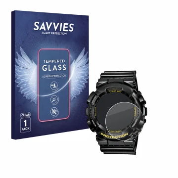 Vorderseite einer Produktverpackung mit dem Markenlogo Savvies. Daneben ist das Gerät Casio G-Shock GA-110GB-1A mit dem zugehö
