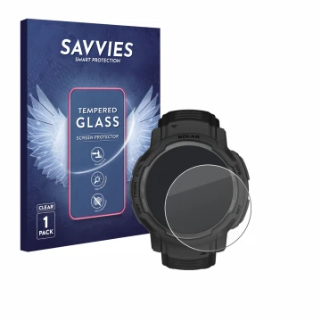Vorderseite einer Produktverpackung mit dem Markenlogo Savvies. Daneben ist das Gerät Garmin Instinct Crossover AMOLED mit dem