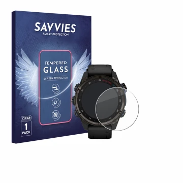 Vorderseite einer Produktverpackung mit dem Markenlogo Savvies. Daneben ist das Gerät Garmin Descent Mk3i (43 mm) mit dem zuge