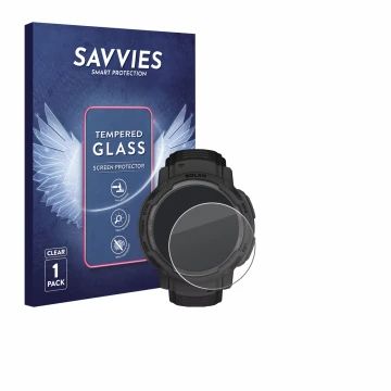 Vorderseite einer Produktverpackung mit dem Markenlogo Savvies. Daneben ist das Gerät Garmin Instinct Crossover Solar mit dem 