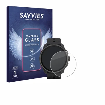 Vorderseite einer Produktverpackung mit dem Markenlogo Savvies. Daneben ist das Gerät Suunto Race S mit dem zugehörigen Displa