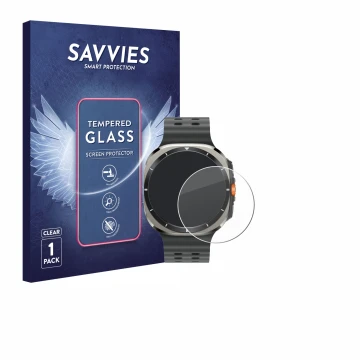 Vorderseite einer Produktverpackung mit dem Markenlogo Savvies. Daneben ist das Gerät Samsung Galaxy Watch Ultra (47 mm) mit d
