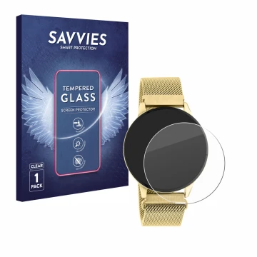 Vorderseite einer Produktverpackung mit dem Markenlogo Savvies. Daneben ist das Gerät Oozoo Q00121 mit dem zugehörigen Display