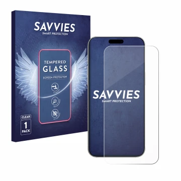 Vorderseite einer Produktverpackung mit dem Markenlogo Savvies. Daneben ist das Gerät Apple iPhone 16 Pro mit dem zugehörigen 