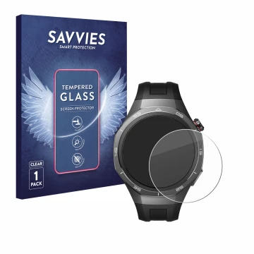 Vorderseite einer Produktverpackung mit dem Markenlogo Savvies. Daneben ist das Gerät Huawei Watch GT 5 Pro (46 mm) mit dem zu