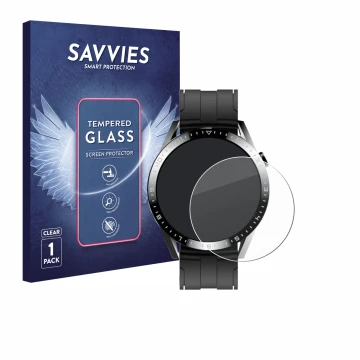Vorderseite einer Produktverpackung mit dem Markenlogo Savvies. Daneben ist das Gerät Tracer Smartwatch SM9 mit dem zugehörige