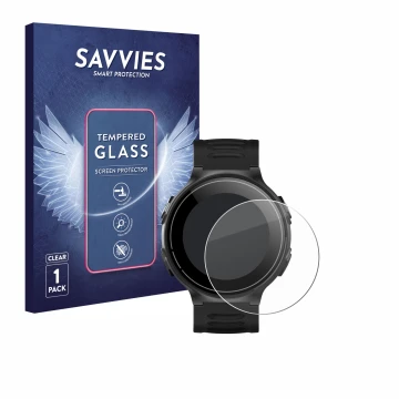Vorderseite einer Produktverpackung mit dem Markenlogo Savvies. Daneben ist das Gerät Kiprun GPS 500 Coros mit dem zugehörigen