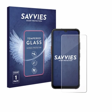 Vorderseite einer Produktverpackung mit dem Markenlogo Savvies. Daneben ist das Gerät Samsung Galaxy XCover 7 Pro mit dem zuge