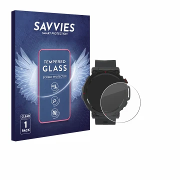 Vorderseite einer Produktverpackung mit dem Markenlogo Savvies. Daneben ist das Gerät Crivit Sport-Smartwatch mit dem zugehöri