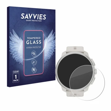 Vorderseite einer Produktverpackung mit dem Markenlogo Savvies. Daneben ist das Gerät Suunto Race 2 mit dem zugehörigen Displa