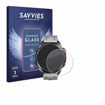 Vorderseite einer Produktverpackung mit dem Markenlogo Savvies. Daneben ist das Gerät Doogee Anywise W1 Pro mit dem zugehörige