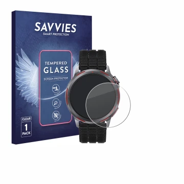 Vorderseite einer Produktverpackung mit dem Markenlogo Savvies. Daneben ist das Gerät Huawei Watch GT Runner 2 mit dem zugehör