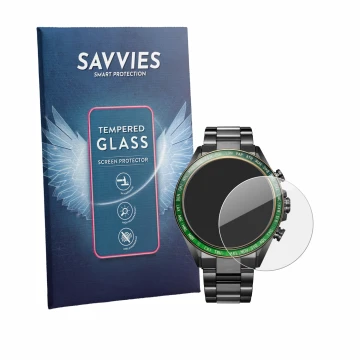 Vorderseite einer Produktverpackung mit dem Markenlogo Savvies. Daneben ist das Gerät Citizen Attesa Eco-Drive mit dem zugehör