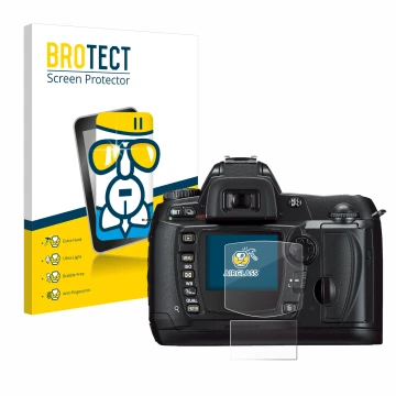 Vorderseite einer Produktverpackung mit dem Markenlogo BROTECT. Daneben ist das Gerät Nikon D70 mit dem zugehörigen Displaysch
