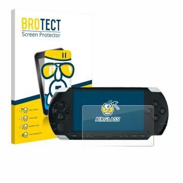 Vorderseite einer Produktverpackung mit dem Markenlogo BROTECT. Daneben ist das Gerät Sony PSP 1000 mit dem zugehörigen Displa