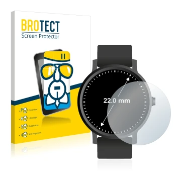 Vorderseite einer Produktverpackung mit dem Markenlogo BROTECT. Daneben ist das Gerät Armbanduhren (Kreisrund, ø: 22 mm) mit d