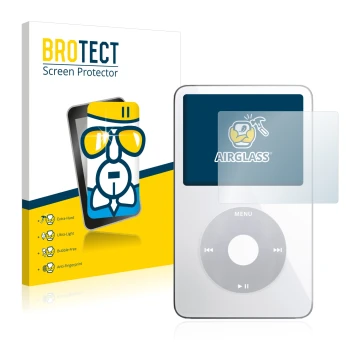 Vorderseite einer Produktverpackung mit dem Markenlogo BROTECT. Daneben ist das Gerät Apple iPod classic video Display (5. Gen