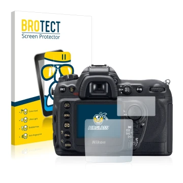 Vorderseite einer Produktverpackung mit dem Markenlogo BROTECT. Daneben ist das Gerät Nikon D200 mit dem zugehörigen Displaysc