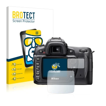 Vorderseite einer Produktverpackung mit dem Markenlogo BROTECT. Daneben ist das Gerät Nikon D80 mit dem zugehörigen Displaysch